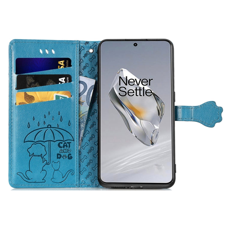 For OnePlus 12 Cat and Dog Embossed Leather Phone Case(Blue) - OnePlus Cases by buy2fix | Online Shopping UK | buy2fix