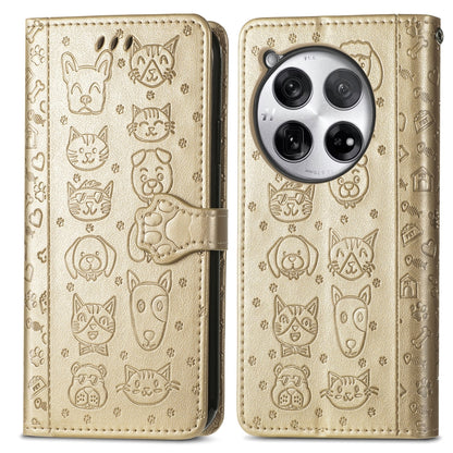 For OnePlus 12 Cat and Dog Embossed Leather Phone Case(Gold) - OnePlus Cases by buy2fix | Online Shopping UK | buy2fix