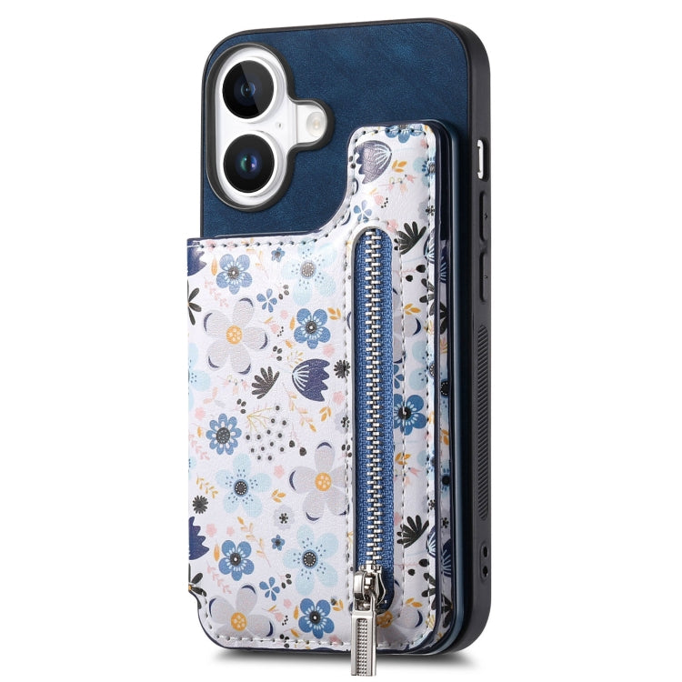 For iPhone 16 Retro Painted Zipper Wallet Back Phone Case(Blue) - iPhone 16 Cases by buy2fix | Online Shopping UK | buy2fix