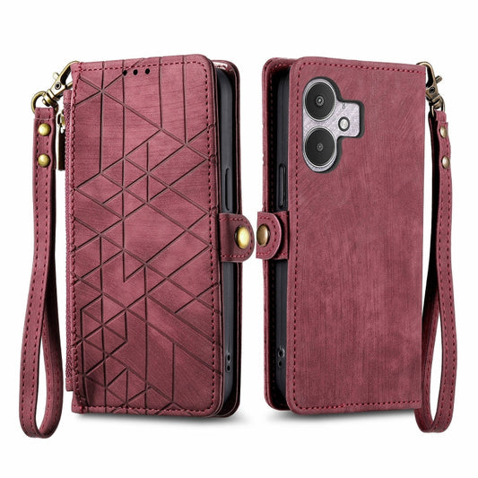 For Xiaomi Redmi 13C 5G Geometric Zipper Wallet Side Buckle Leather Phone Case(Red) - Xiaomi Cases by buy2fix | Online Shopping UK | buy2fix