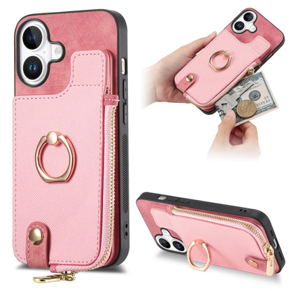 For iPhone 16 Plus Cross Leather Ring Vertical Zipper Wallet Back Phone Case(Pink) - iPhone 16 Plus Cases by buy2fix | Online Shopping UK | buy2fix