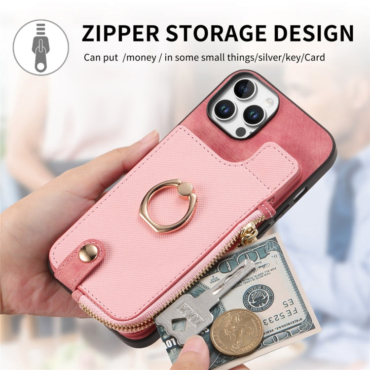 For iPhone 16 Plus Cross Leather Ring Vertical Zipper Wallet Back Phone Case(Pink) - iPhone 16 Plus Cases by buy2fix | Online Shopping UK | buy2fix