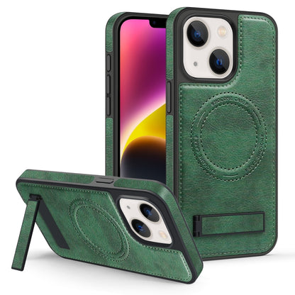 For iPhone 14 Plus Multi-function Holder MagSafe PU Phone Case(Dark Green) - iPhone 14 Plus Cases by buy2fix | Online Shopping UK | buy2fix