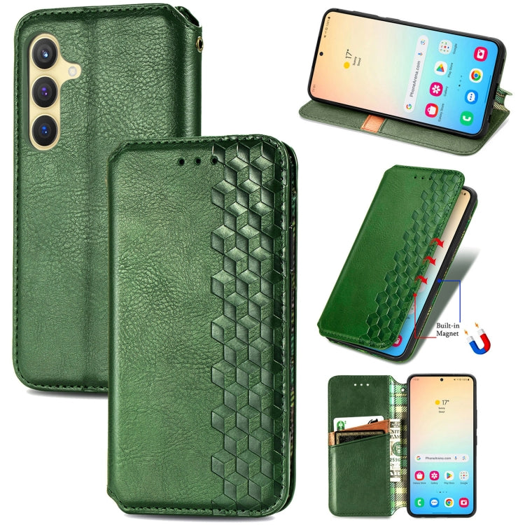 For Samsung Galaxy S25 5G Cubic Grid Pressed Magnetic Leather Phone Case(Green) - Galaxy S25 5G Cases by buy2fix | Online Shopping UK | buy2fix