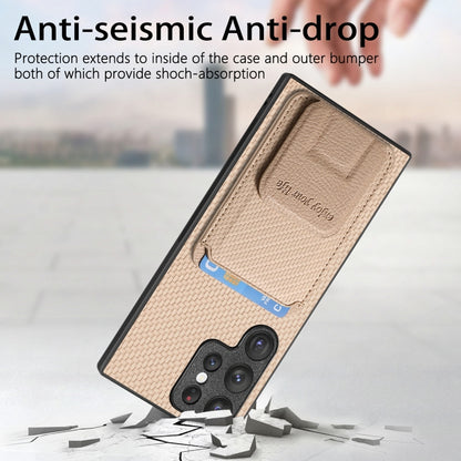 For Samsung Galaxy S22 5G Carbon Fiber Card Bag Fold Stand Phone Case(Khaki) - Galaxy S22 5G Cases by buy2fix | Online Shopping UK | buy2fix