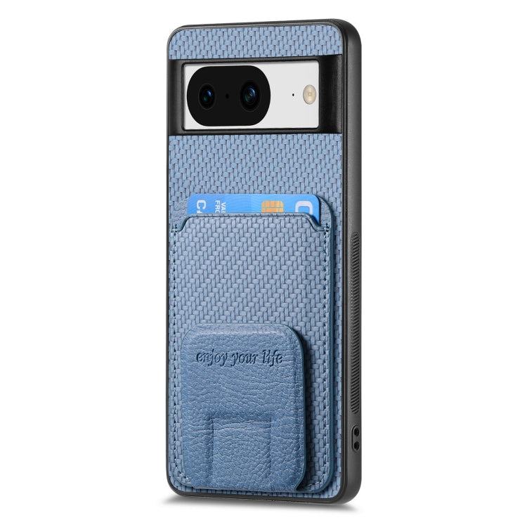 For Google Pixel 8 Carbon Fiber Card Bag Fold Stand Phone Case(Blue) - Google Cases by buy2fix | Online Shopping UK | buy2fix