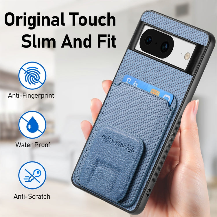 For Google Pixel 8 Carbon Fiber Card Bag Fold Stand Phone Case(Blue) - Google Cases by buy2fix | Online Shopping UK | buy2fix