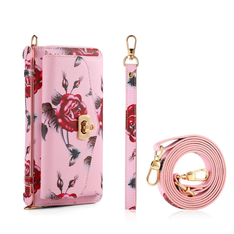 For iPhone 14 MagSafe Flower Multi-functional Crossbody Zipper Wallet Leather Phone Case(Pink) - iPhone 14 Cases by buy2fix | Online Shopping UK | buy2fix