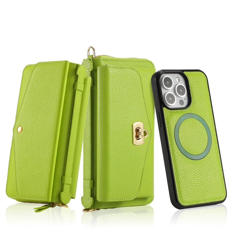 For iPhone 15 MagSafe Crossbody Multi-functional Zipper Wallet Litchi Leather Phone Case(Green) - iPhone 15 Cases by buy2fix | Online Shopping UK | buy2fix