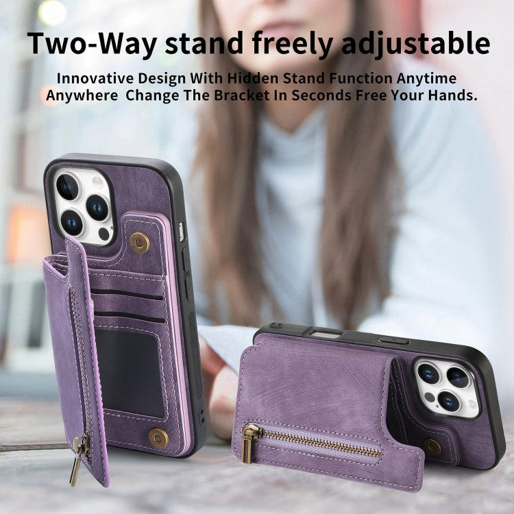 For iPhone 16 Pro Retro Leather Zipper Wallet Back Phone Case(Purple) - More iPhone Cases by buy2fix | Online Shopping UK | buy2fix