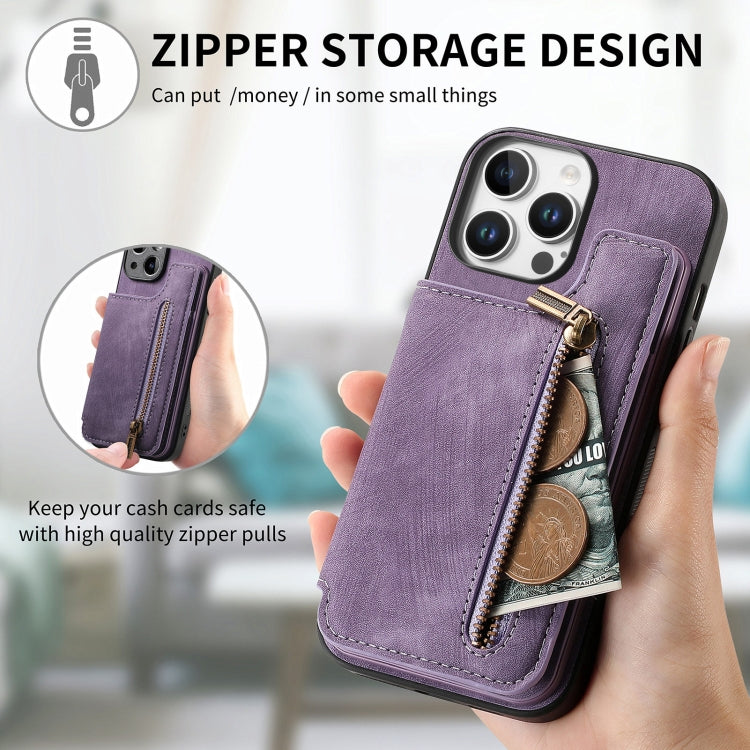 For iPhone 16 Pro Retro Leather Zipper Wallet Back Phone Case(Purple) - More iPhone Cases by buy2fix | Online Shopping UK | buy2fix