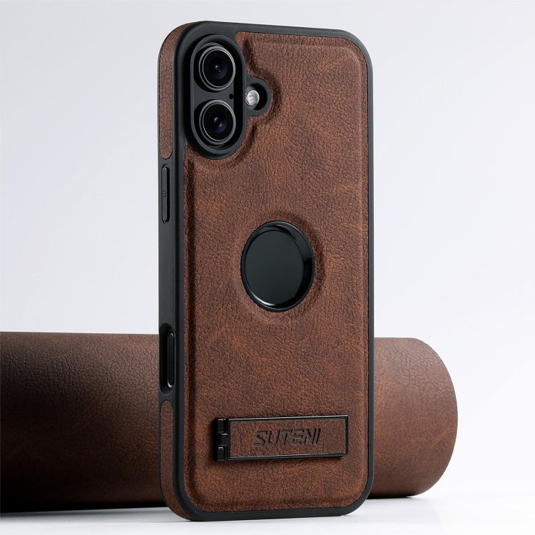 For iPhone 16 Suteni G2 Magsafe Litchi Texture Leather Back Phone Case with Holder(Brown) - iPhone 16 Cases by Suteni | Online Shopping UK | buy2fix