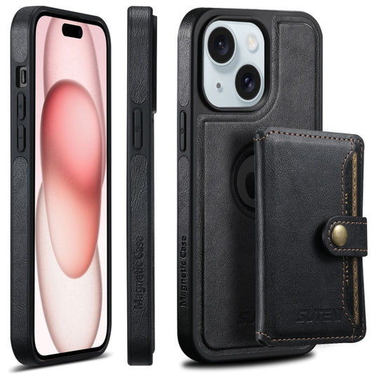 For iPhone 15 Plus Suteni M1 Oil Wax MagSafe Detachable Horizontal Card Bag Phone Case(Black) - iPhone 15 Plus Cases by Suteni | Online Shopping UK | buy2fix