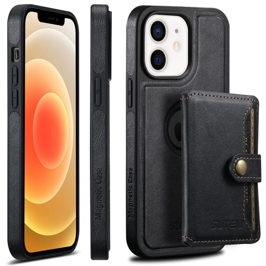 For iPhone 12  Suteni M1 Oil Wax MagSafe Detachable Horizontal Card Bag Phone Case(Black) - iPhone 12 / 12 Pro Cases by Suteni | Online Shopping UK | buy2fix