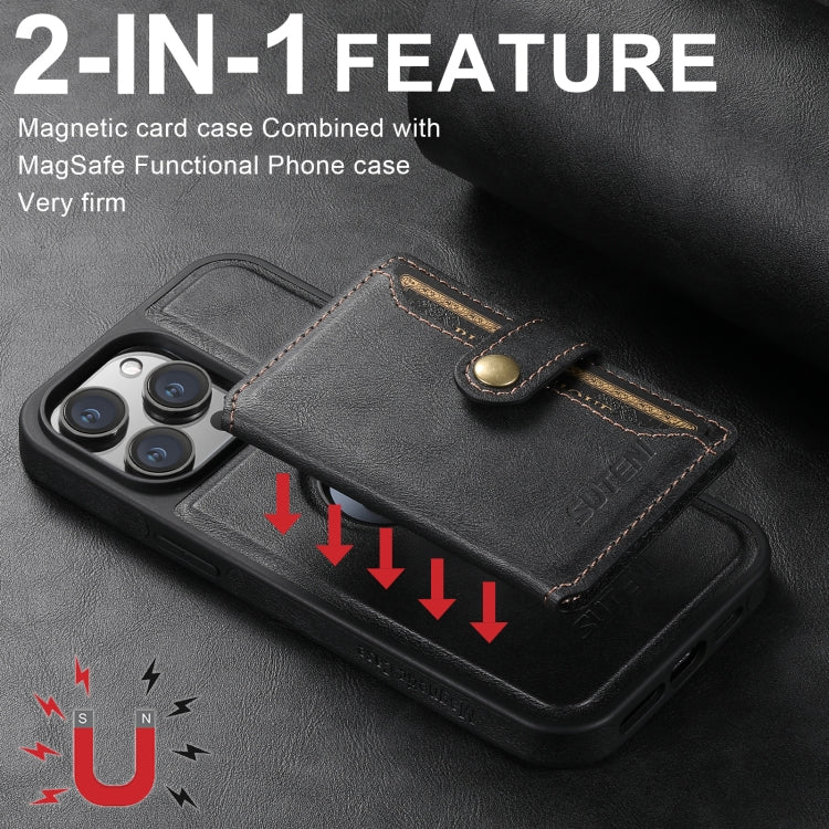 For iPhone 16 Plus Suteni M1 Oil Wax MagSafe Detachable Horizontal Card Bag Phone Case(Black) - iPhone 16 Plus Cases by Suteni | Online Shopping UK | buy2fix