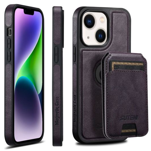 For iPhone 14 Plus Suteni M2 Oil Wax MagSafe Horizontal Card Bag Phone Case(Purple) - iPhone 14 Plus Cases by Suteni | Online Shopping UK | buy2fix