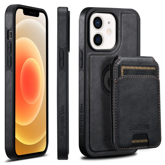 For iPhone 12  Suteni M2 Oil Wax MagSafe Horizontal Card Bag Phone Case(Black) - iPhone 12 / 12 Pro Cases by Suteni | Online Shopping UK | buy2fix