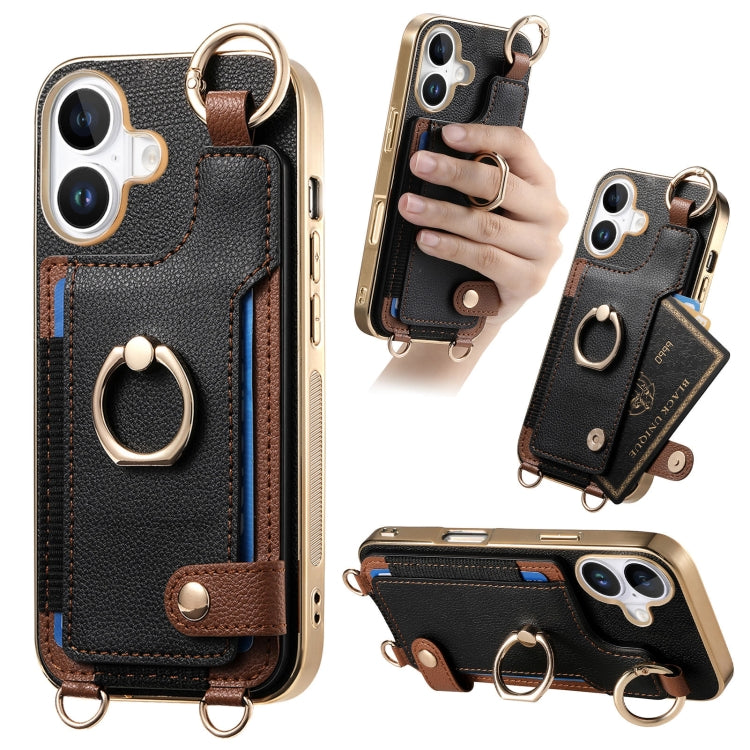 For iPhone 16 Fashion Ring Card Bag Phone Case with Hang Loop(Black) - iPhone 16 Cases by buy2fix | Online Shopping UK | buy2fix