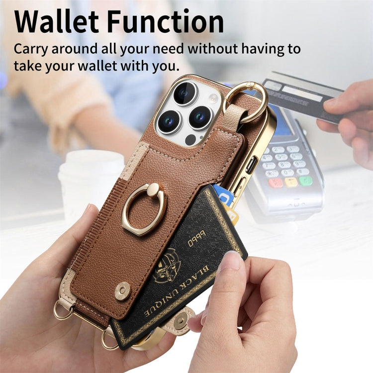 For iPhone 16 Pro Fashion Ring Card Bag Phone Case with Hang Loop(Brown) - iPhone 16 Pro Cases by buy2fix | Online Shopping UK | buy2fix