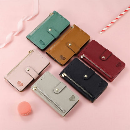 For Motorola Moto G Play 2024 Love Zipper Lanyard Leather Phone Case(Brown) - Motorola Cases by buy2fix | Online Shopping UK | buy2fix