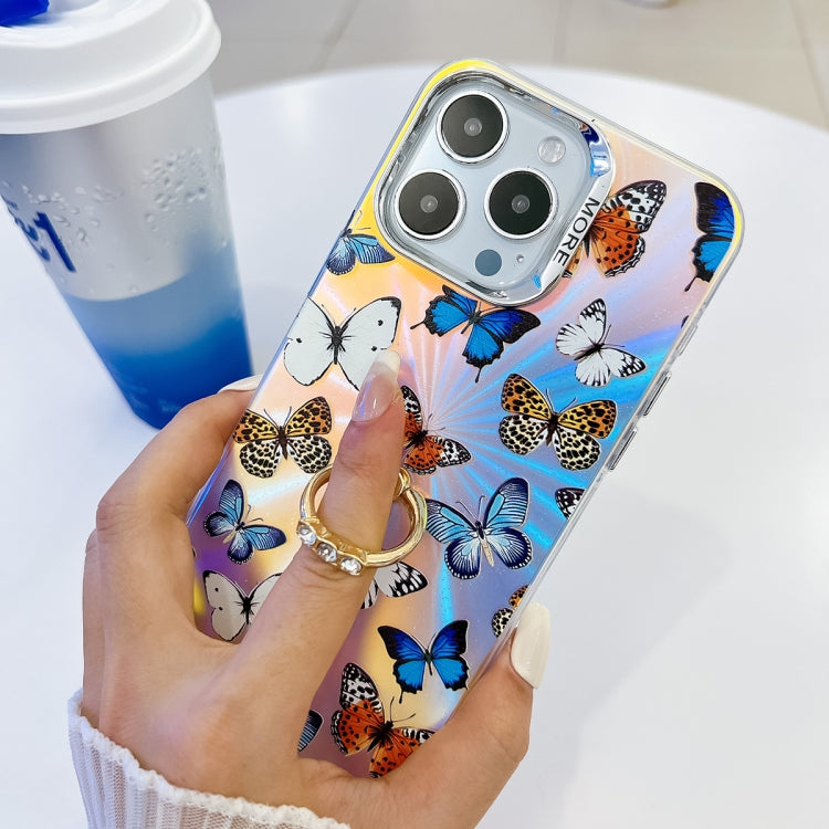 For iPhone 16 Plus Electroplating Laser Butterfly Ring Holder Phone Case(Color Butterflies AB1) - iPhone 16 Plus Cases by buy2fix | Online Shopping UK | buy2fix