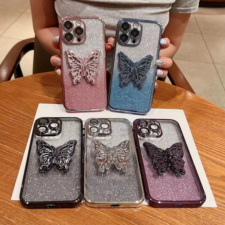 For iPhone 16 Plus Electroplated Gradient Glitter 3D Butterfly TPU Phone Case(Gradient Black) - iPhone 16 Plus Cases by buy2fix | Online Shopping UK | buy2fix