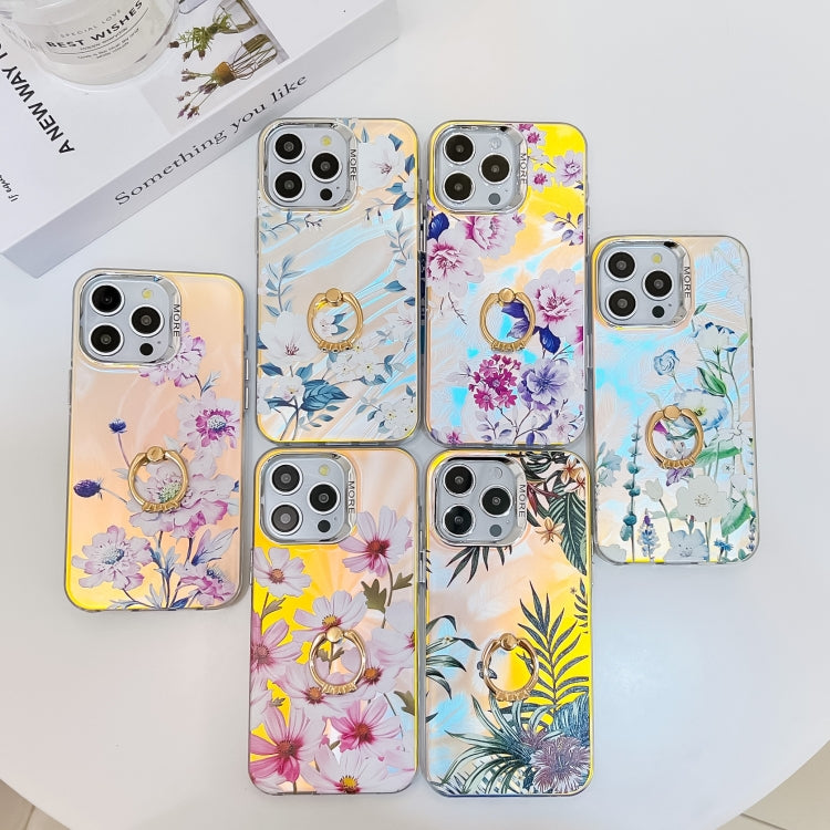 For iPhone 16 Electroplating Laser Flower Ring Holder TPU Phone Case(Cosmos Flower AH7) - iPhone 16 Cases by buy2fix | Online Shopping UK | buy2fix