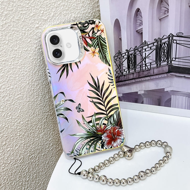 For iPhone 16 Plus Electroplating Laser Flower Phone Case with Wrist Strap(Leaves AH12) - iPhone 16 Plus Cases by buy2fix | Online Shopping UK | buy2fix