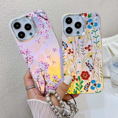 For iPhone 16 Pro Electroplating Laser Flower Phone Case with Wrist Strap(White Flower AH10) - iPhone 16 Pro Cases by buy2fix | Online Shopping UK | buy2fix