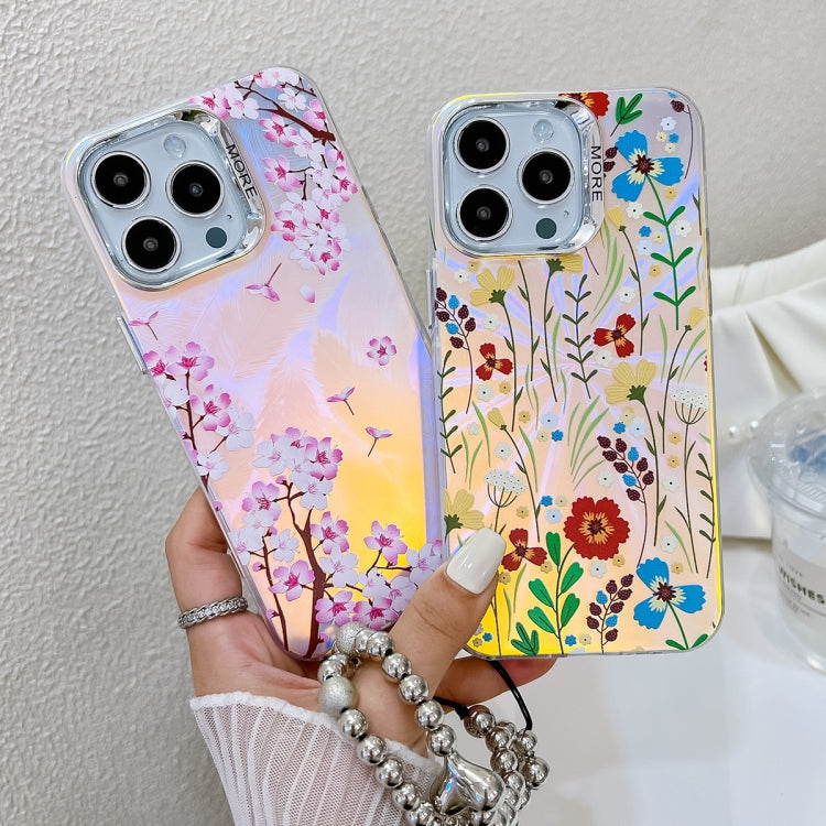 For iPhone 16 Electroplating Laser Flower Phone Case with Wrist Strap(Peach Blossom AH4) - iPhone 16 Cases by buy2fix | Online Shopping UK | buy2fix