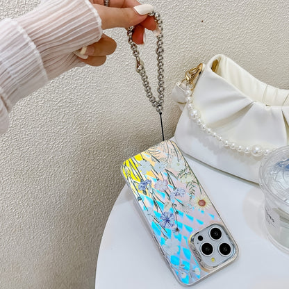 For iPhone 16 Electroplating Laser Flower Phone Case with Wrist Strap(White Flower AH10) - iPhone 16 Cases by buy2fix | Online Shopping UK | buy2fix