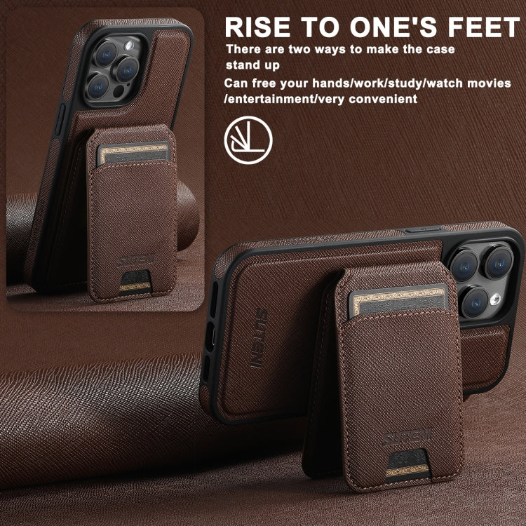 For iPhone 16 Suteni M2 Cross-Grain MagSafe Vertical Card Back Phone Case(Brown) - iPhone 16 Cases by Suteni | Online Shopping UK | buy2fix