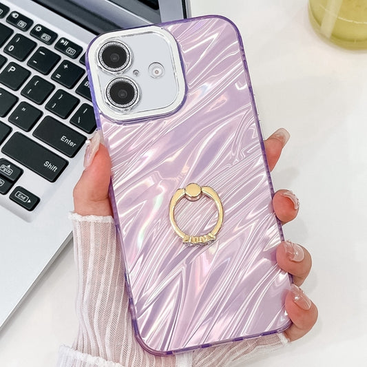 For iPhone 16 Plating Glitter Texture Ring Holder TPU Phone Case with Lens Film(Purple Water Ripples) - iPhone 16 Cases by buy2fix | Online Shopping UK | buy2fix