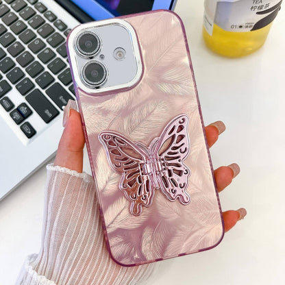 For iPhone 16 Plating Glitter Texture Butterfly Holder TPU Phone Case with Lens Film(Pink Feathers) - iPhone 16 Cases by buy2fix | Online Shopping UK | buy2fix