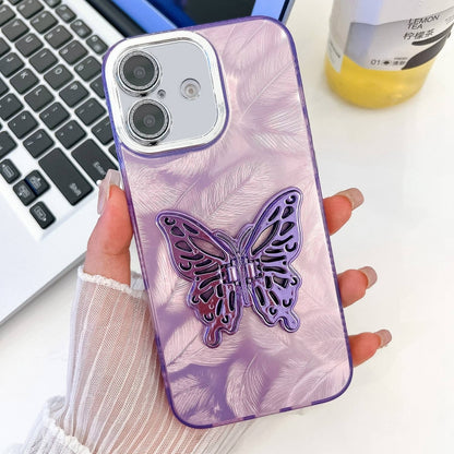 For iPhone 16 Plating Glitter Texture Butterfly Holder TPU Phone Case with Lens Film(Purple Feathers) - iPhone 16 Cases by buy2fix | Online Shopping UK | buy2fix