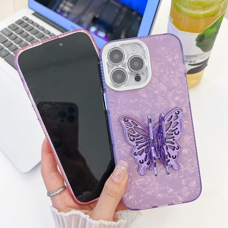 For iPhone 16 Plating Glitter Texture Butterfly Holder TPU Phone Case with Lens Film(Pink Shell Pattern) - iPhone 16 Cases by buy2fix | Online Shopping UK | buy2fix