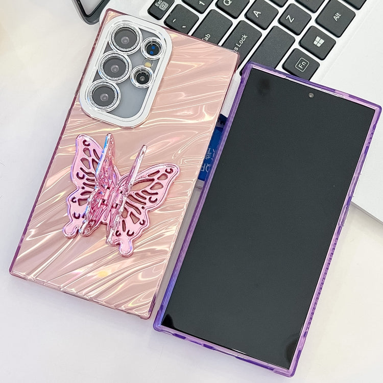 For Samsung Galaxy S25+ 5G Plating Glitter Texture Butterfly Holder TPU Phone Case with Lens Film(Pink Wrinkles) - Galaxy S25+ 5G Cases by buy2fix | Online Shopping UK | buy2fix