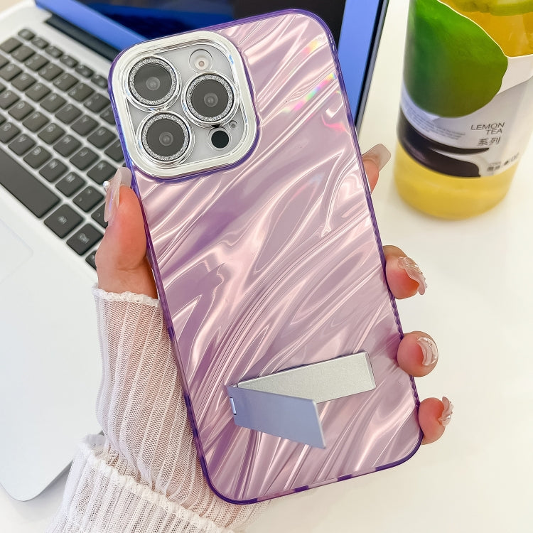 For iPhone 16 Plus Plating Glitter Texture Fold Holder TPU Phone Case with Lens Film(White Tinfoil Texture) - iPhone 16 Plus Cases by buy2fix | Online Shopping UK | buy2fix