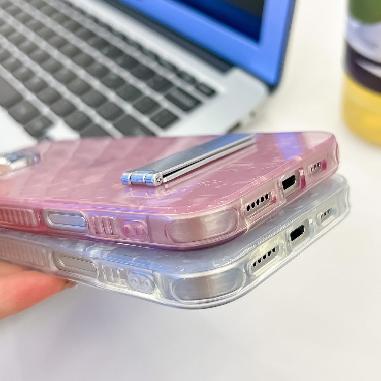 For iPhone 16 Pro Max Plating Glitter Texture Fold Holder TPU Phone Case with Lens Film(Pink Tinfoil Texture) - iPhone 16 Pro Max Cases by buy2fix | Online Shopping UK | buy2fix