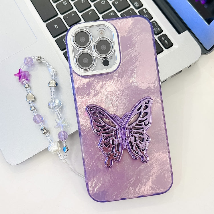 For iPhone 16 Pro Max Plating Glitter Lens Film Texture Butterfly Holder Wristband Phone Case(Purple Tinfoil Texture) - iPhone 16 Pro Max Cases by buy2fix | Online Shopping UK | buy2fix