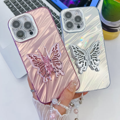 For iPhone 16 Pro Plating Glitter Lens Film Texture Butterfly Holder Wristband Phone Case(Purple Feathers) - iPhone 16 Pro Cases by buy2fix | Online Shopping UK | buy2fix