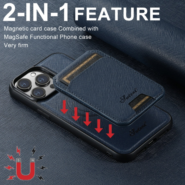 For iPhone 13 Pro Suteni H18 Cross Grain MagSafe Wallet Leather Phone Case(Blue) - iPhone 13 Pro Cases by Suteni | Online Shopping UK | buy2fix