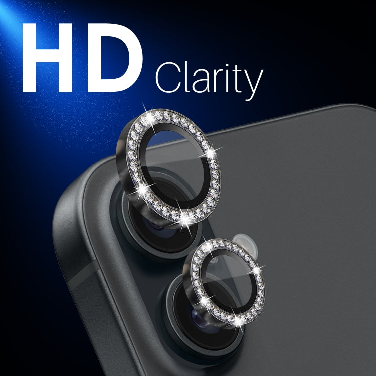 For iPhone 16 / 16 Plus NORTHJO Rhinestone Camera Lens Protector Tempered Glass Metal Ring Film(Graphite) - iPhone 16 Tempered Glass by NORTHJO | Online Shopping UK | buy2fix