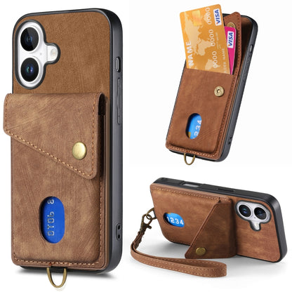 For iPhone 16 Retro Card Wallet Fold Leather Phone Case with Strap(Brown) - iPhone 16 Cases by buy2fix | Online Shopping UK | buy2fix