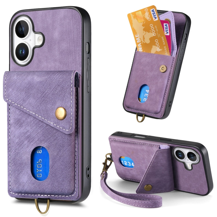 For iPhone 16 Retro Card Wallet Fold Leather Phone Case with Strap(Purple) - iPhone 16 Cases by buy2fix | Online Shopping UK | buy2fix