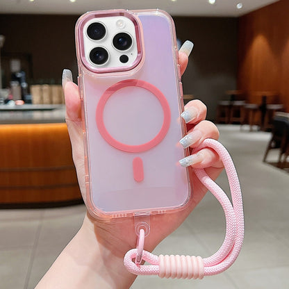 For iPhone 16 Pro Max Bright Shadow  Magsafe Discoloration Phone Case with Wrist Strap(Pink) - iPhone 16 Pro Max Cases by buy2fix | Online Shopping UK | buy2fix