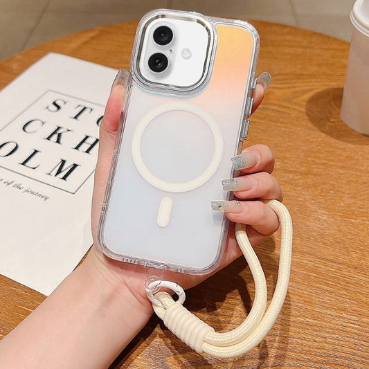 For iPhone 16 Plus Bright Shadow  Magsafe Discoloration Phone Case with Wrist Strap(White) - iPhone 16 Plus Cases by buy2fix | Online Shopping UK | buy2fix