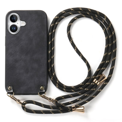 For iPhone 16 Plus Vintage Leather PC Back Cover Phone Case with Crossbody Strap(Black) - iPhone 16 Plus Cases by buy2fix | Online Shopping UK | buy2fix