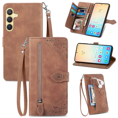 For Samsung Galaxy S25 5G Embossed Flower Zipper Leather Phone Case(Brown) - Galaxy S25 5G Cases by buy2fix | Online Shopping UK | buy2fix