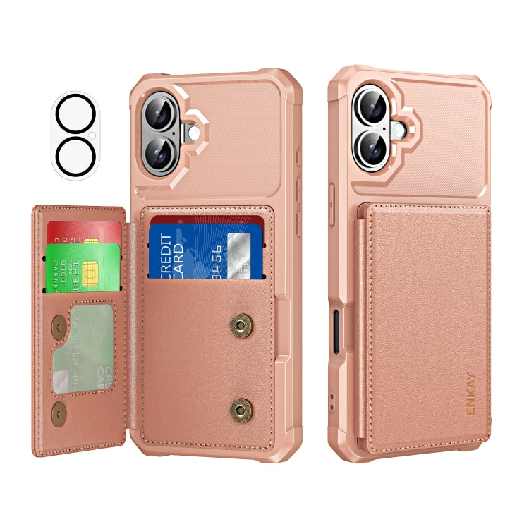 For iPhone 16 ENKAY Hat-Prince Card Slot Wallet TPU Back Leather Phone Case with Lens Film(Rose Gold) - iPhone 16 Cases by ENKAY | Online Shopping UK | buy2fix